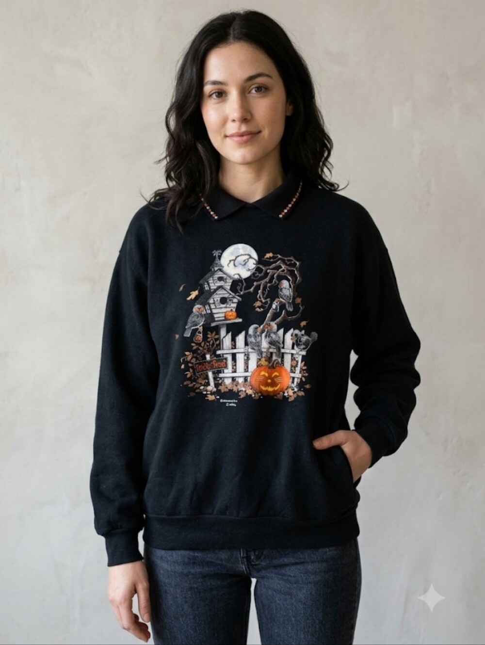 Vintage Morning Sun Black Halloween Graphic Polo-Sweatshirt Women's Size X-Large